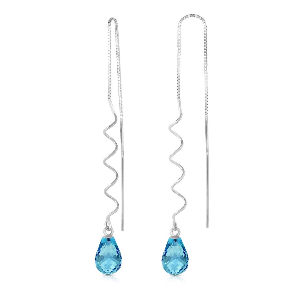 14K GOLD THREADED DANGLES EARRINGS WITH BLUE TOPAZ - Picture 1 of 3